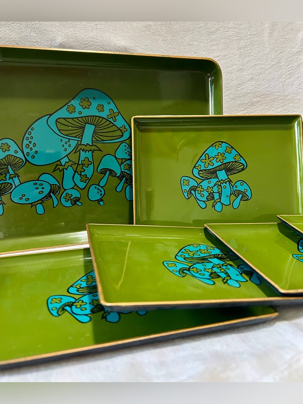 Vintage Takahashi Mushroom Tray Set 6pc Avocado Green Turquoise 70s Japan MCM - Picture 7 of 11